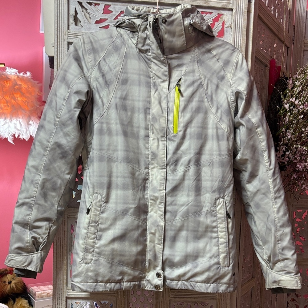 Plaid Columbia Hooded Jacket and Coat with Neon Accent Size: Small
